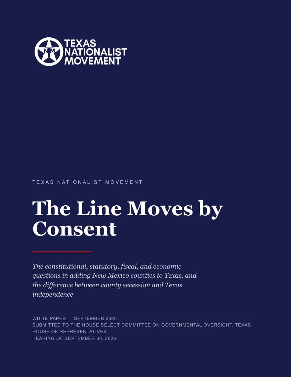 The cover of the white paper The Line Moves by Consent, submitted to the Texas House Select Committee on Governmental Oversight for its hearing of September 30, 2026.