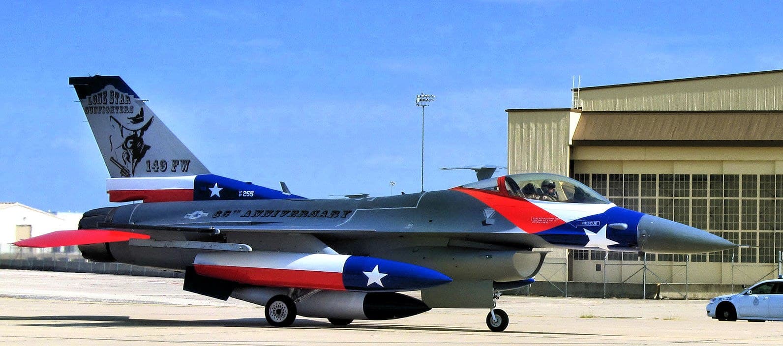 An F-16 of the Texas Air National Guard's 149th Fighter Wing in Texas colors.