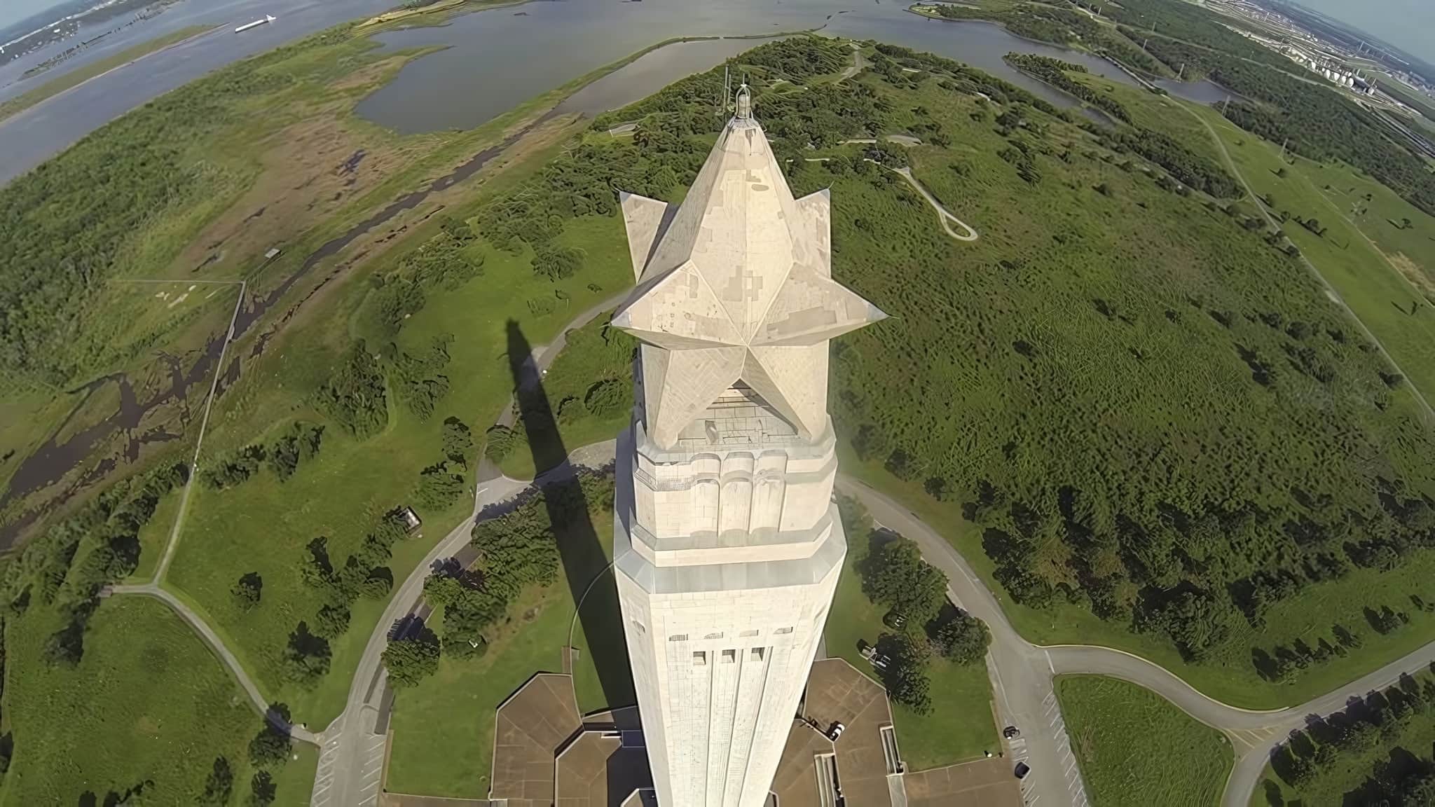 Aerial view looking down on the Lone Star at the top of the San Jacinto Monument, where Texas won its independence in 1836.