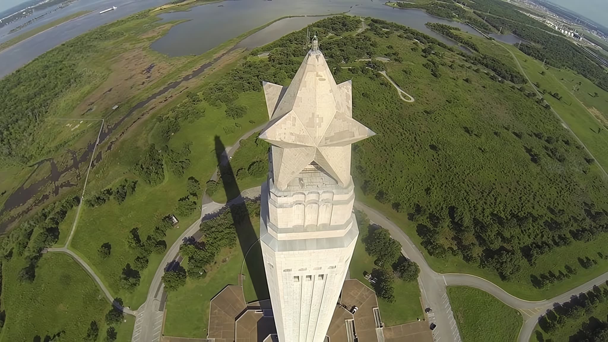 Aerial view looking down on the Lone Star at the top of the San Jacinto Monument, where Texas won its independence in 1836.