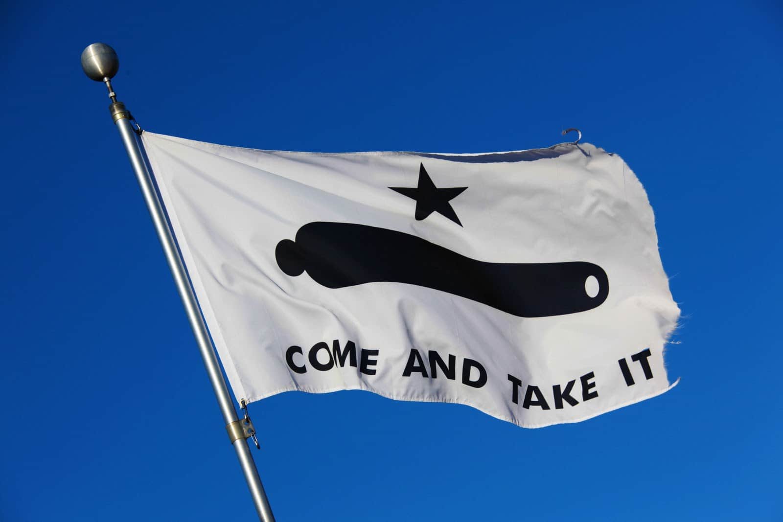 The Gonzales 'Come and Take It' flag flying against a blue sky.