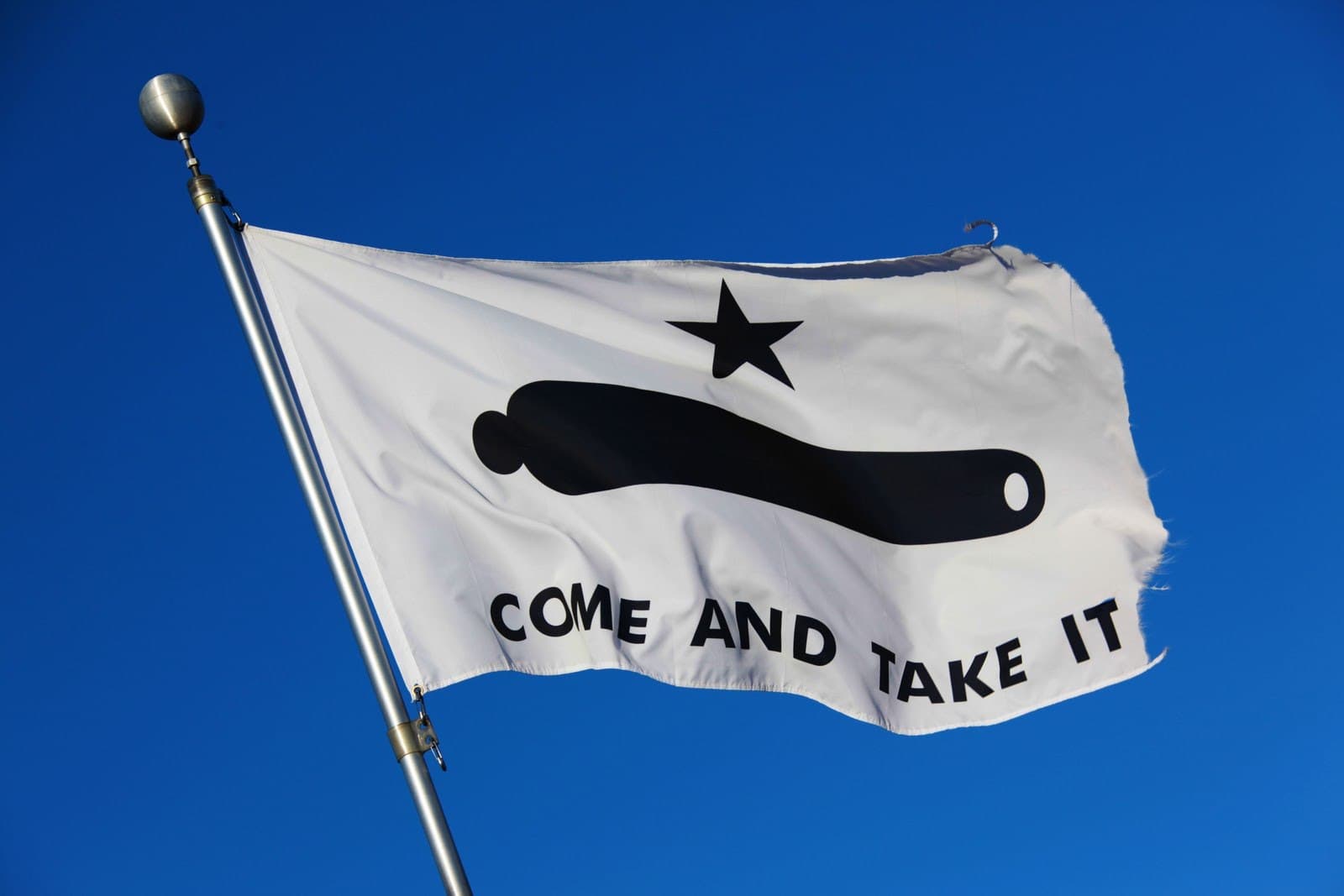 The Gonzales 'Come and Take It' flag flying against a blue sky.