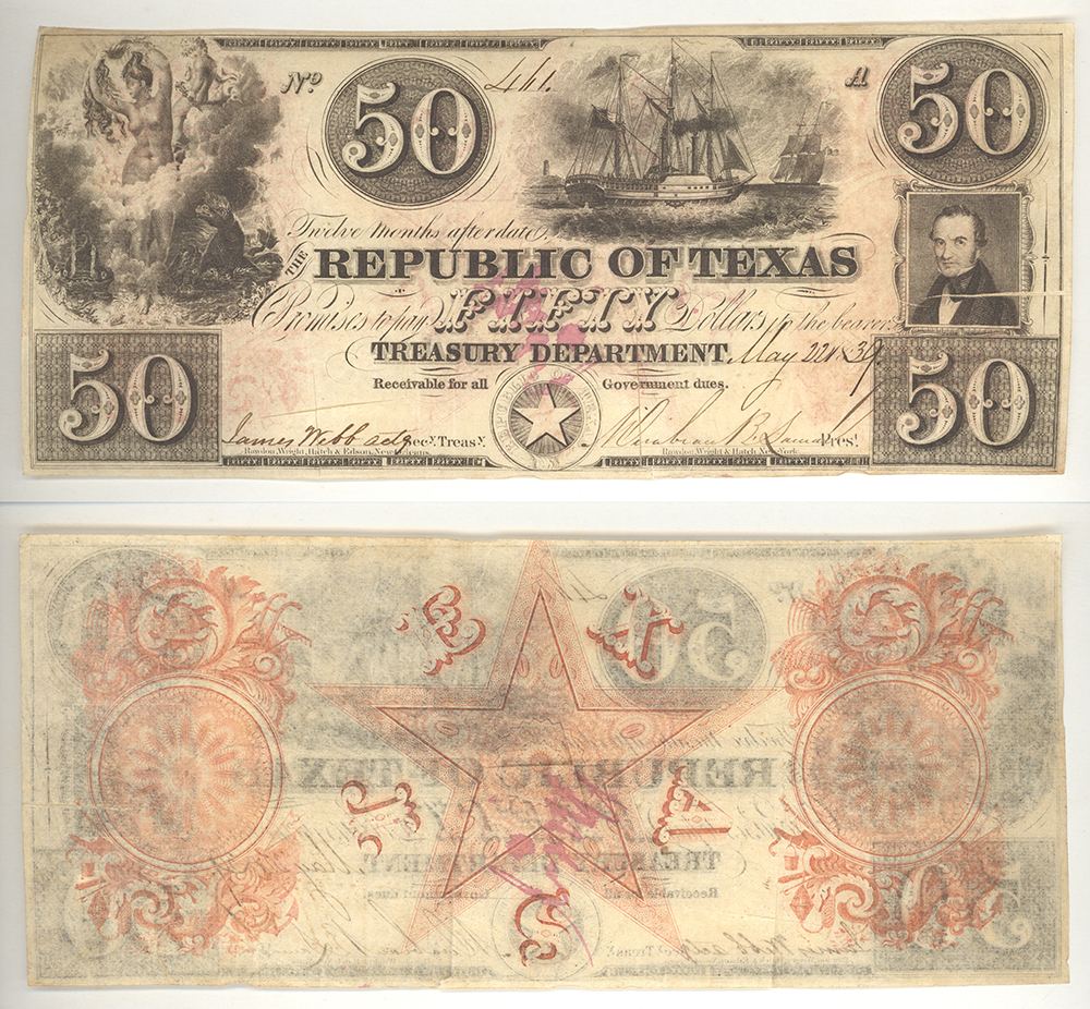 A fifty-dollar Republic of Texas red-back note.